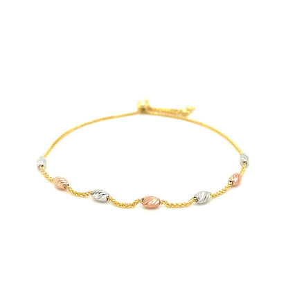 14k Tri-Color Gold Textured Oval Station Lariat Style Bracelet (1.20 mm) 