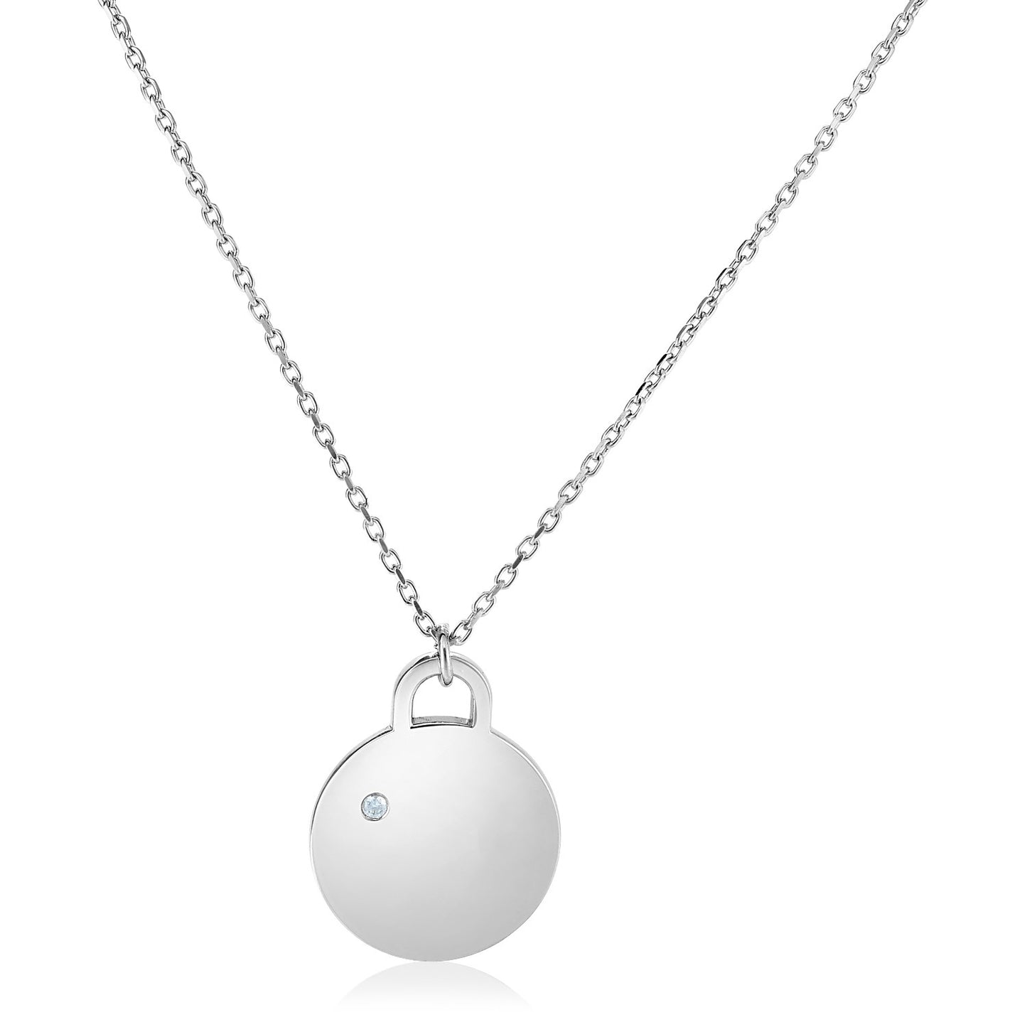 Sterling Silver 18 inch Necklace with Polished Disc with Diamond 