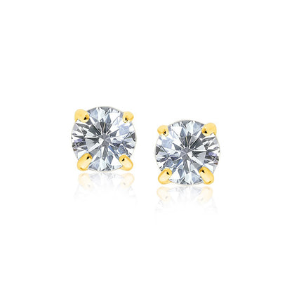 14k Yellow Gold Stud Earrings with White Hue Faceted Cubic Zirconia(7mm) 