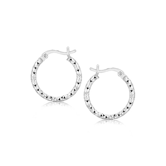 Sterling Silver Faceted Design Hoop Earrings with Rhodium Plating(2x15mm) 