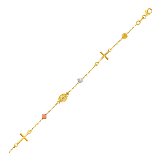 14k Tri Color Gold Bracelet with Crosses Cubes and Medallions 