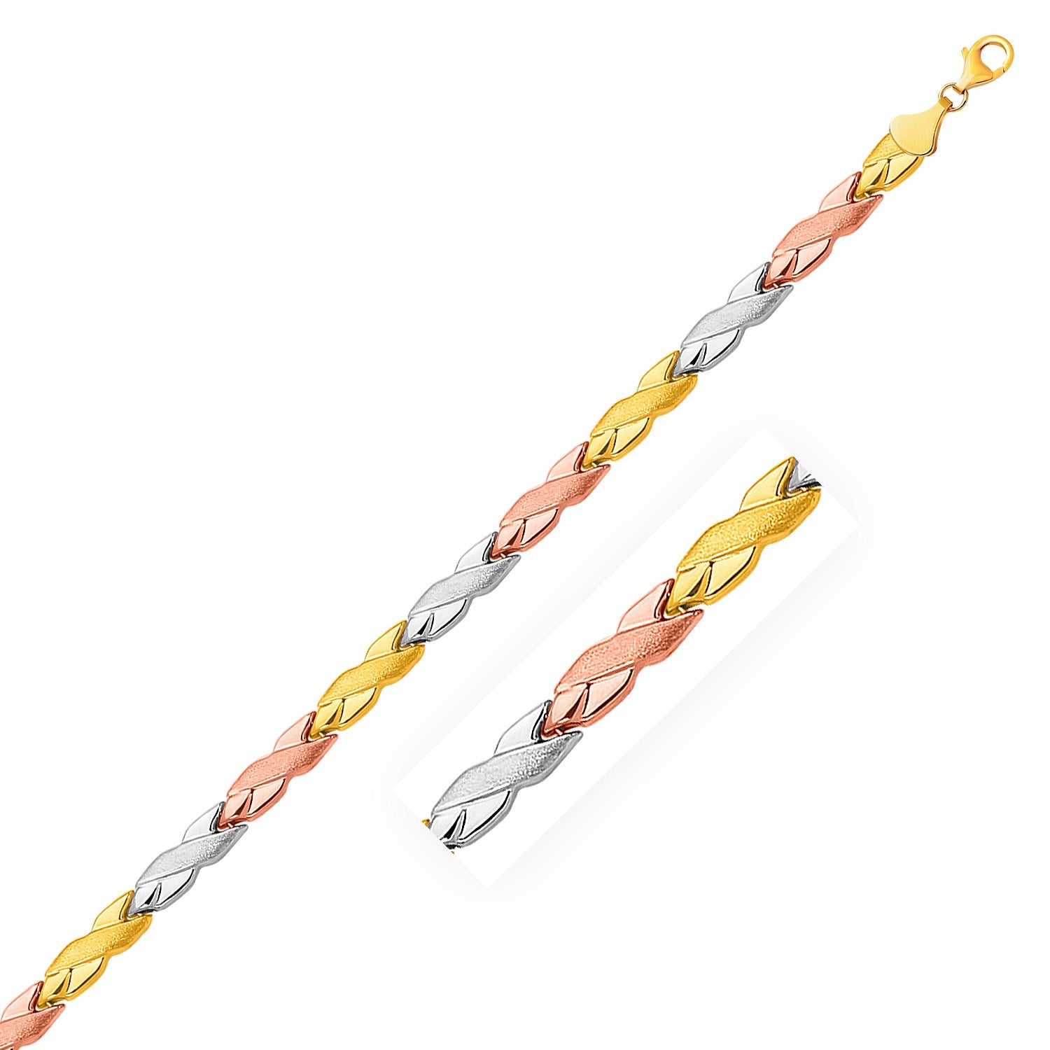 14k Tri-Color Gold Shiny and Textured X Link Bracelet (6.35 mm) 