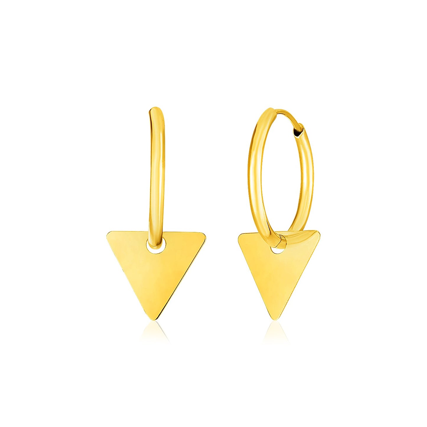 14k Yellow Gold Huggie Style Hoop Earrings with Triangle Drops 