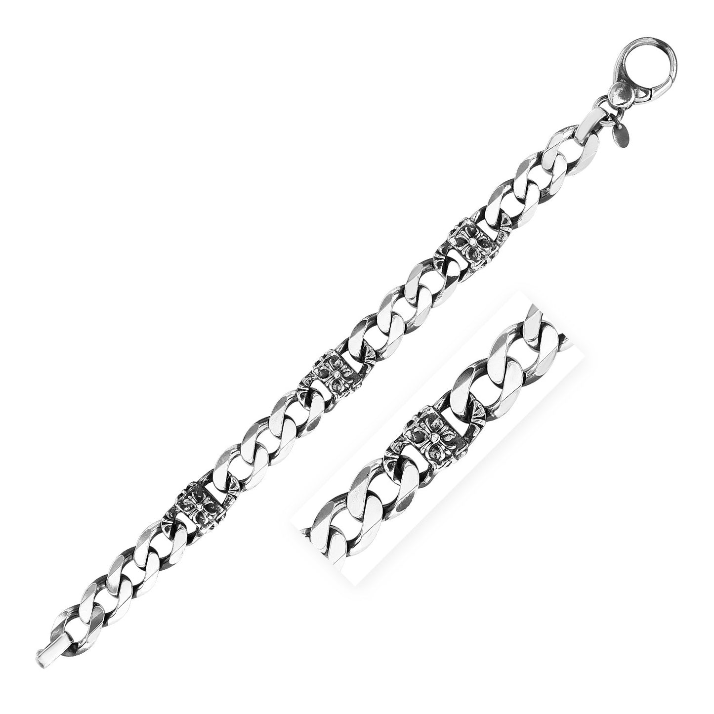 Sterling Silver Gunmetal Finish Cuban Link Bracelet with Floral Design 