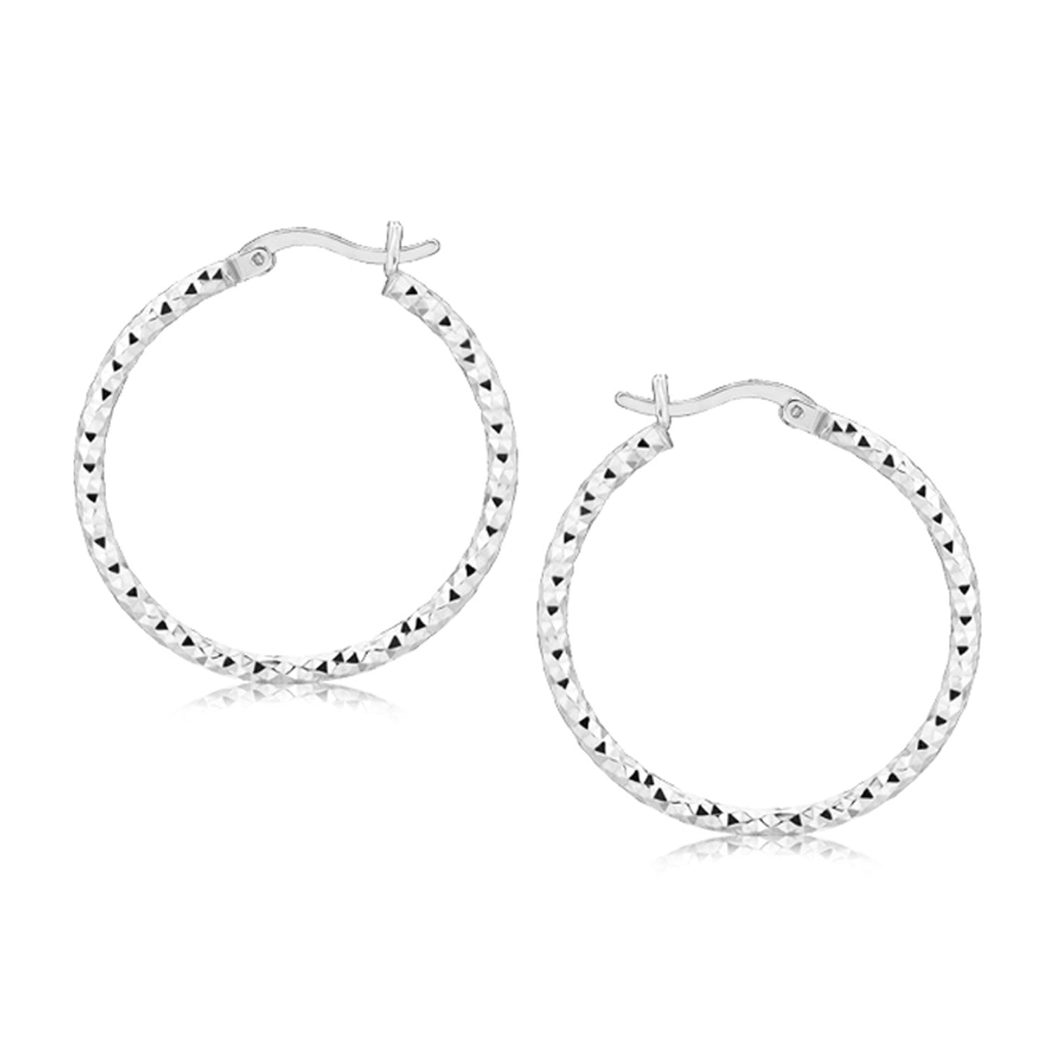 Sterling Silver Faceted Motif Hoop Earrings with Rhodium Plating(2x25mm) 