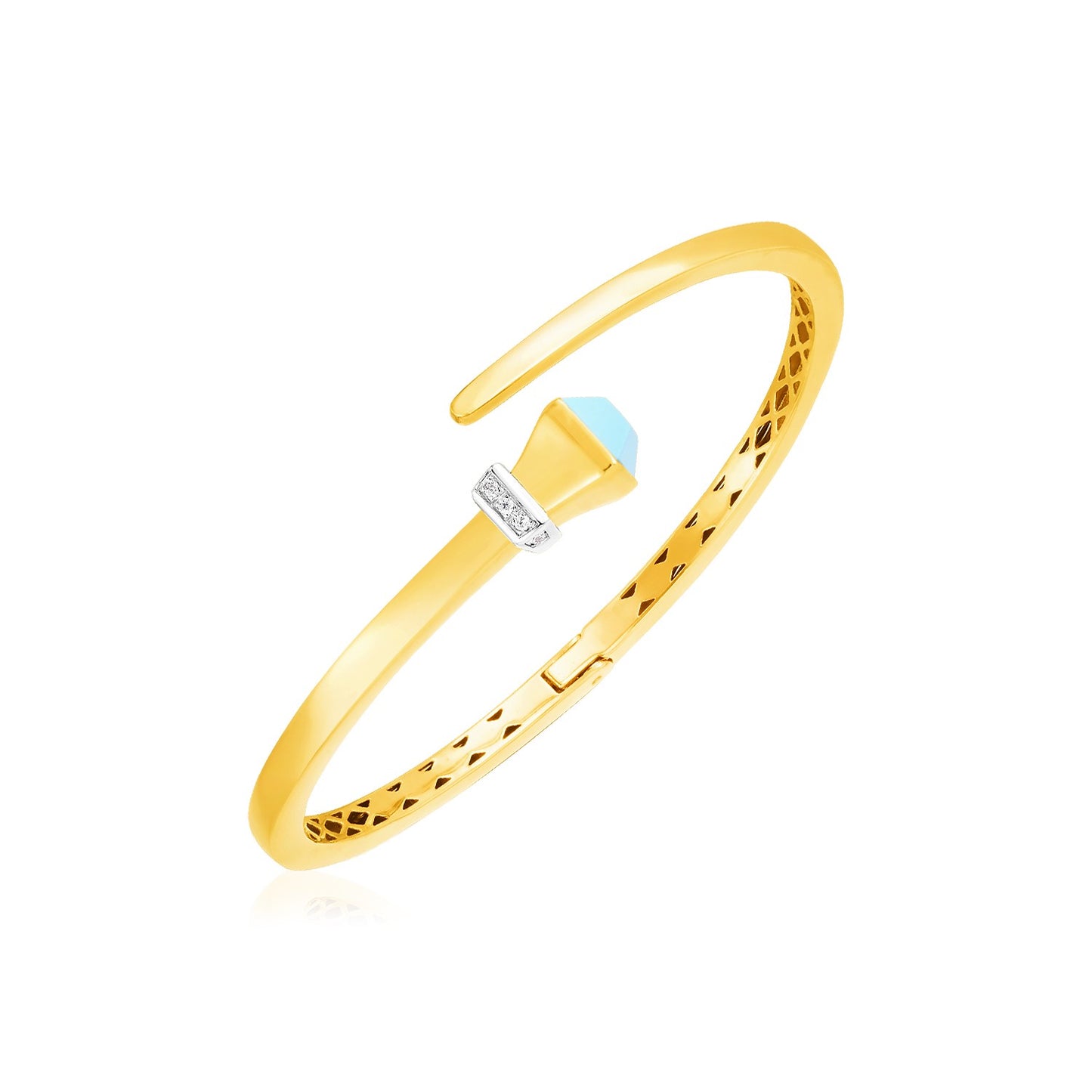 14k Yellow Gold Crossover Style Hinged Bangle Bracelet with Turquoise and Diamonds (3.40 mm) 