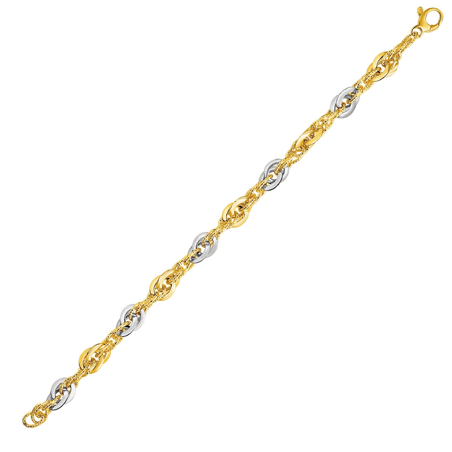 14k Two-Tone Yellow and White Gold Double Link Textured Bracelet (10.00 mm) 