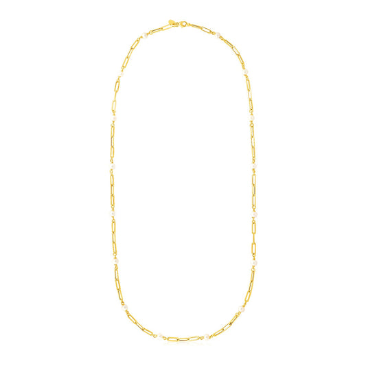 14k Yellow Gold Paperclip Chain and Pearl Necklace 