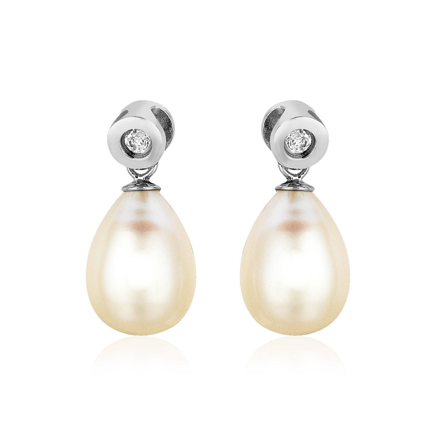 Sterling Silver Earrings with Pear Shaped Freshwater Pearls and Cubic Zirconias 