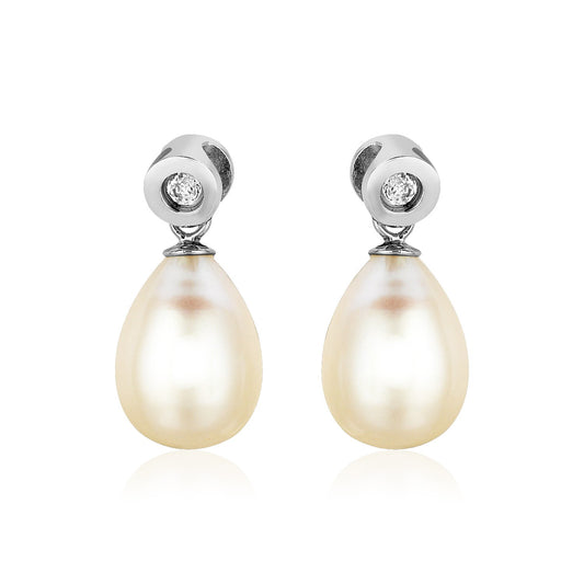 Sterling Silver Earrings with Pear Shaped Freshwater Pearls and Cubic Zirconias 