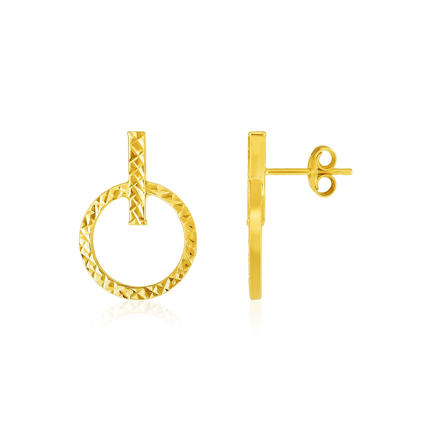 14k Yellow Gold Textured Circle and Bar Post Earrings 