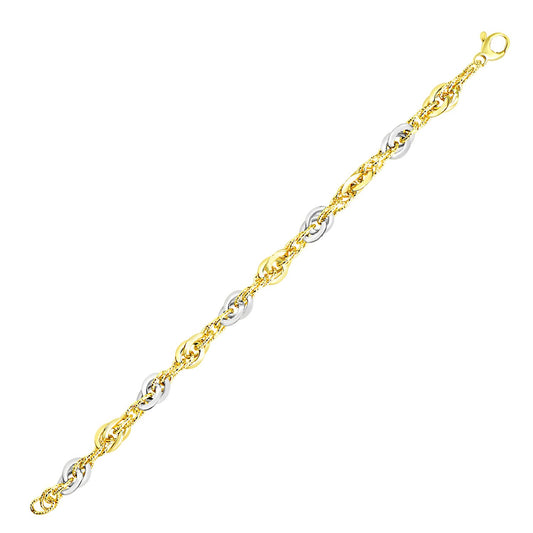 14k Two-Tone Gold Interlaced Smooth and Textured Link Bracelet (10.00 mm) 