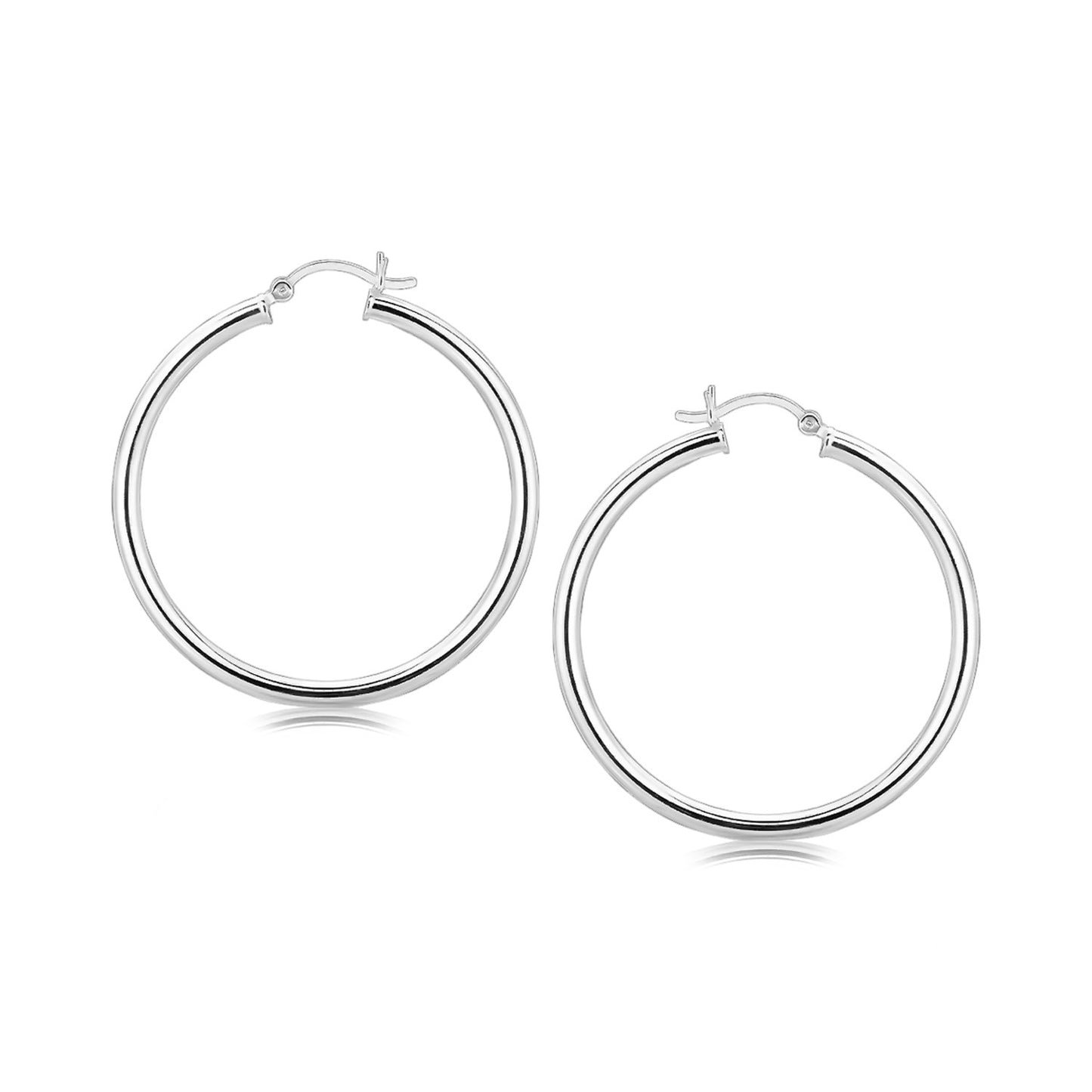 Sterling Silver Rhodium Plated Large Polished Classic Hoop Earrings (3x40mm) 