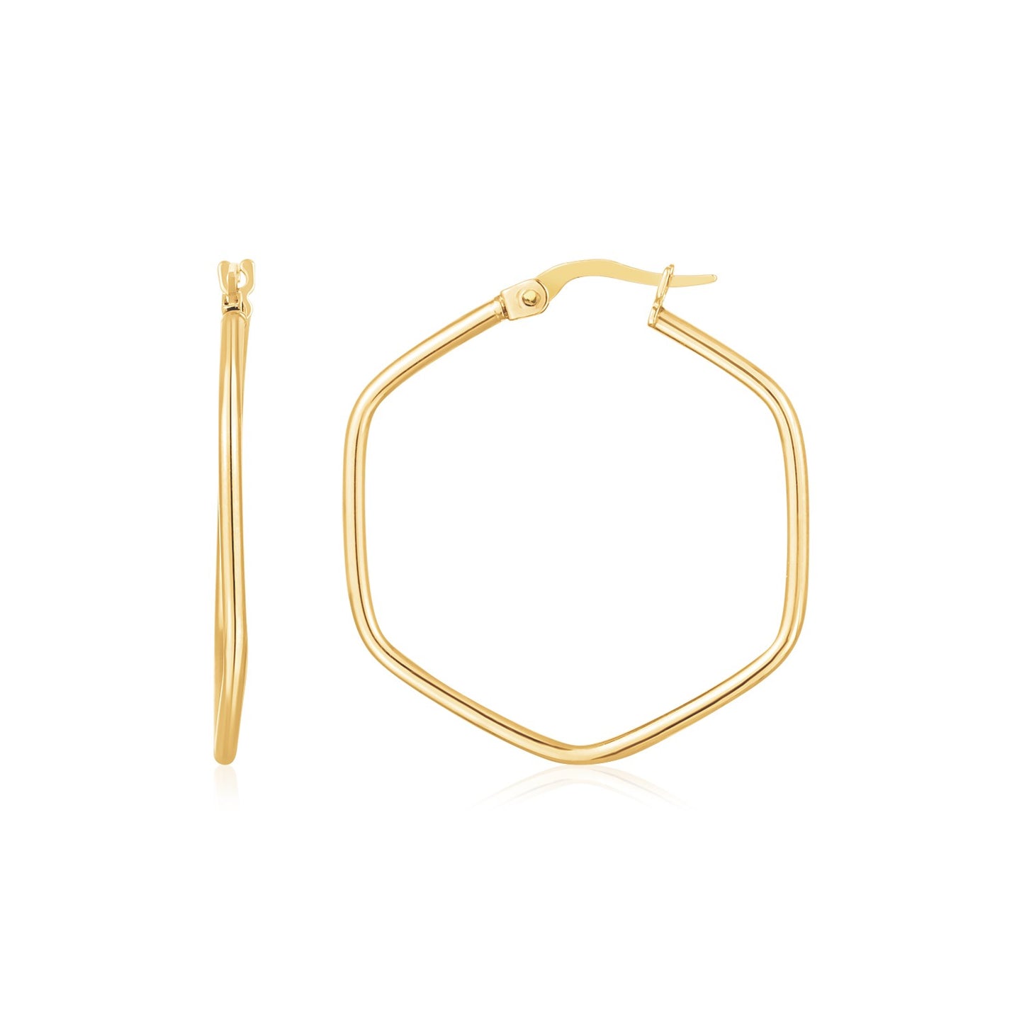 14K Yellow Gold Hexagon Hoop Rounded Edge Earrings 