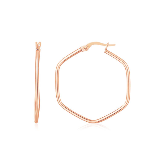 14K Rose Gold Hexagon Hoop Rounded Edge Earrings 