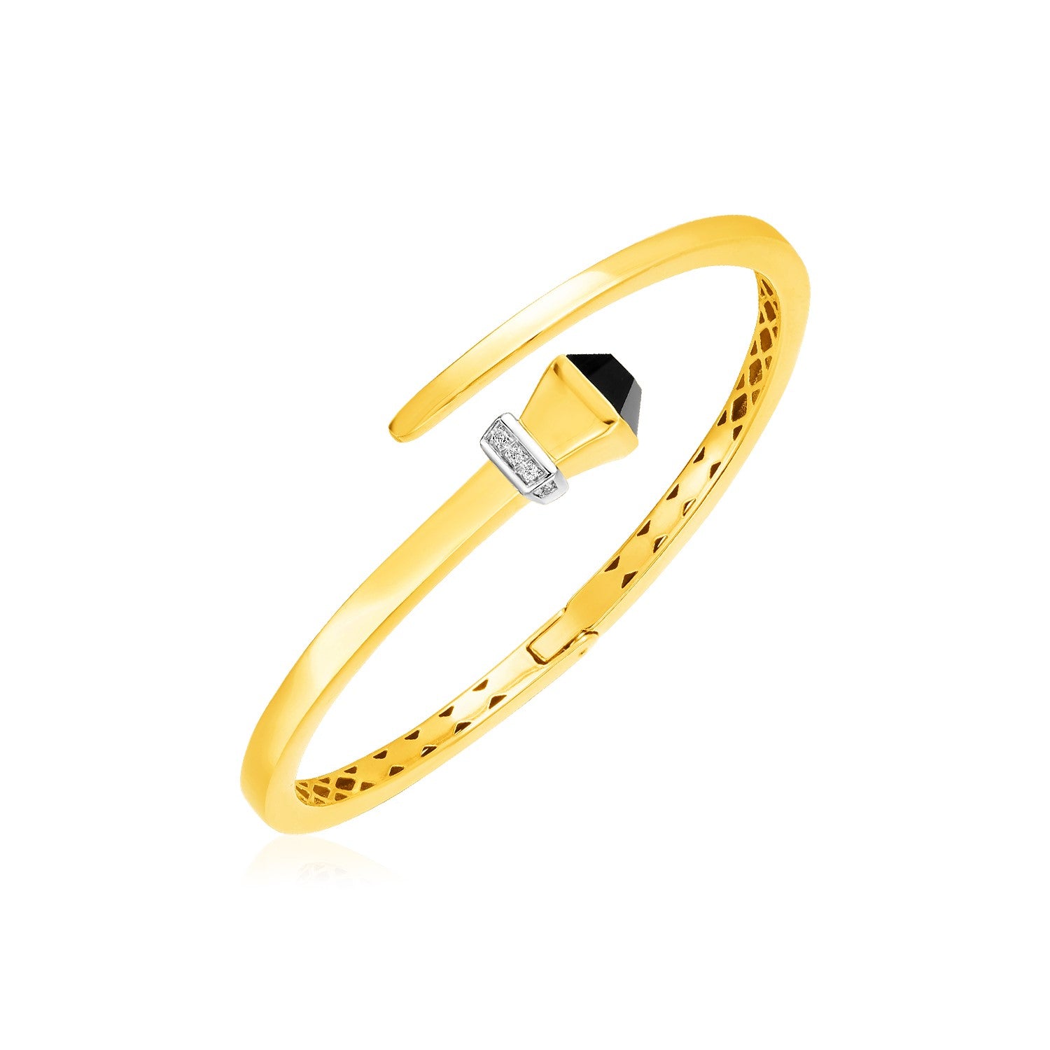 14k Yellow Gold Crossover Style Hinged Bangle Bracelet with Onyx and Diamonds (3.40 mm) 