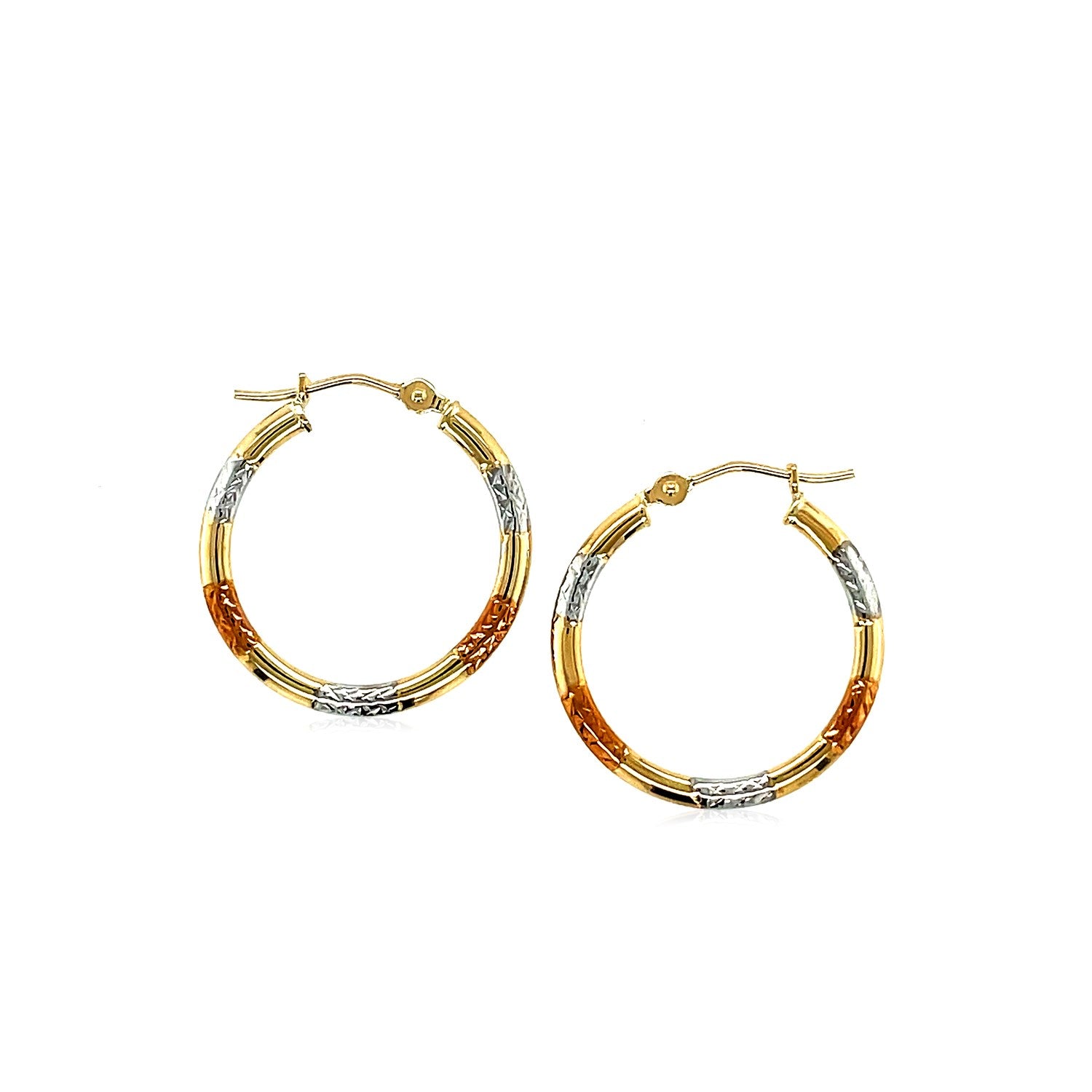 10k Tri-Color Gold Classic Hoop Earrings with Diamond Cut Details(20mm) 