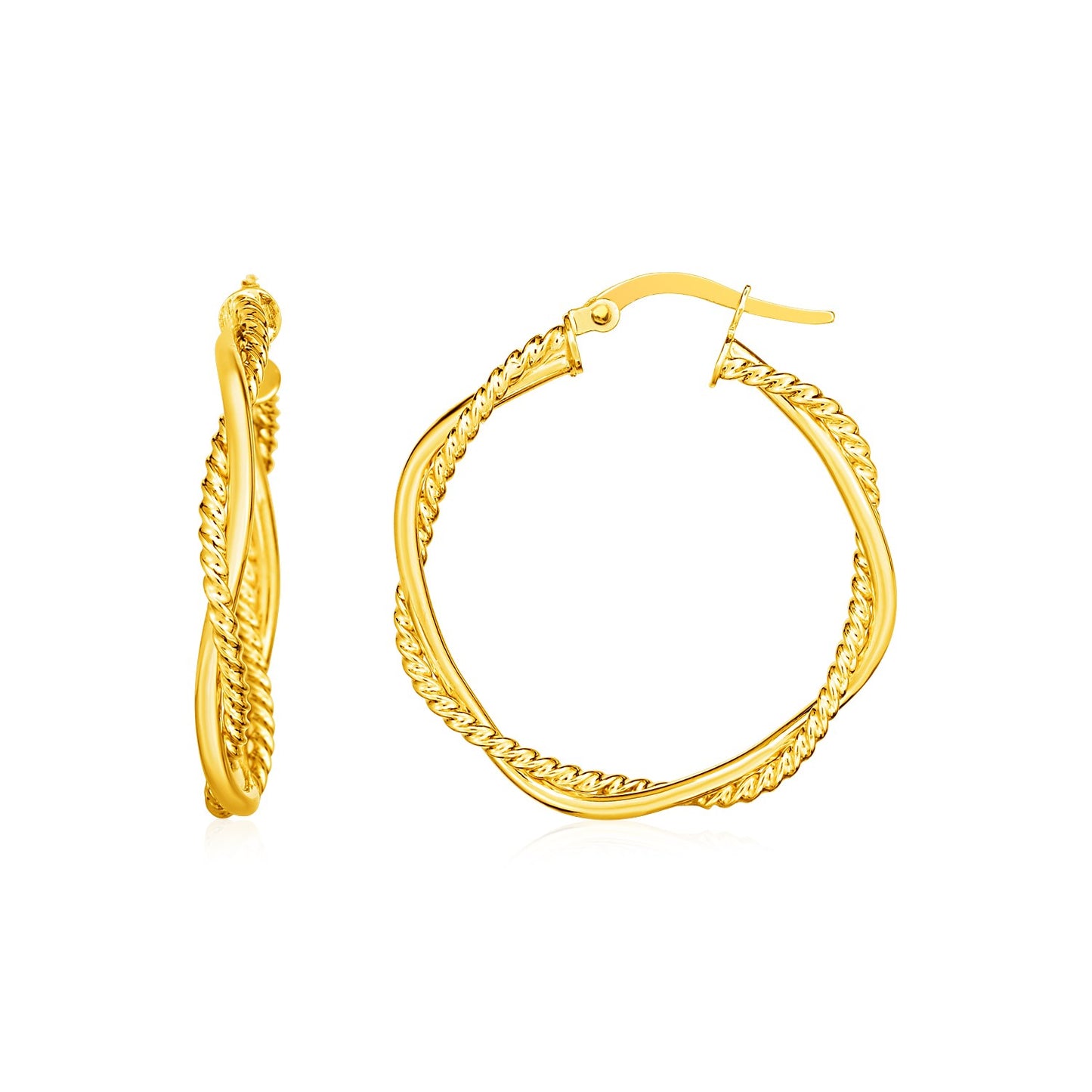 14k Yellow Gold Two Part Textured Twisted Round Hoop Earrings(3x25mm) 