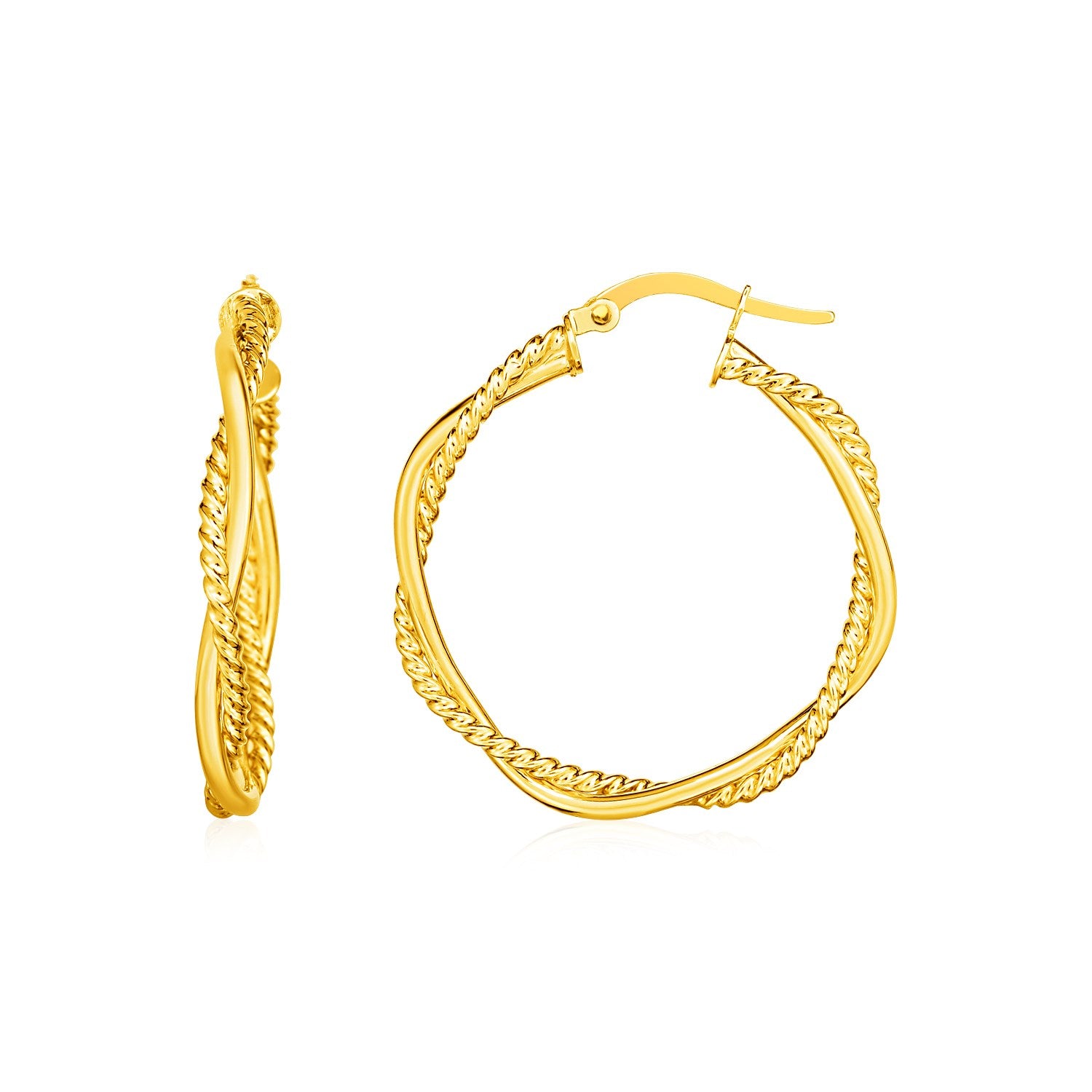 14k Yellow Gold Two Part Textured Twisted Round Hoop Earrings(3x25mm) 