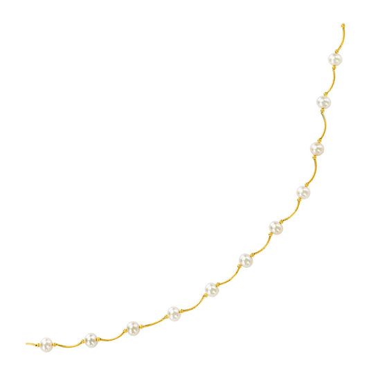 14k Yellow Gold Arc Link Necklace with White Pearls 