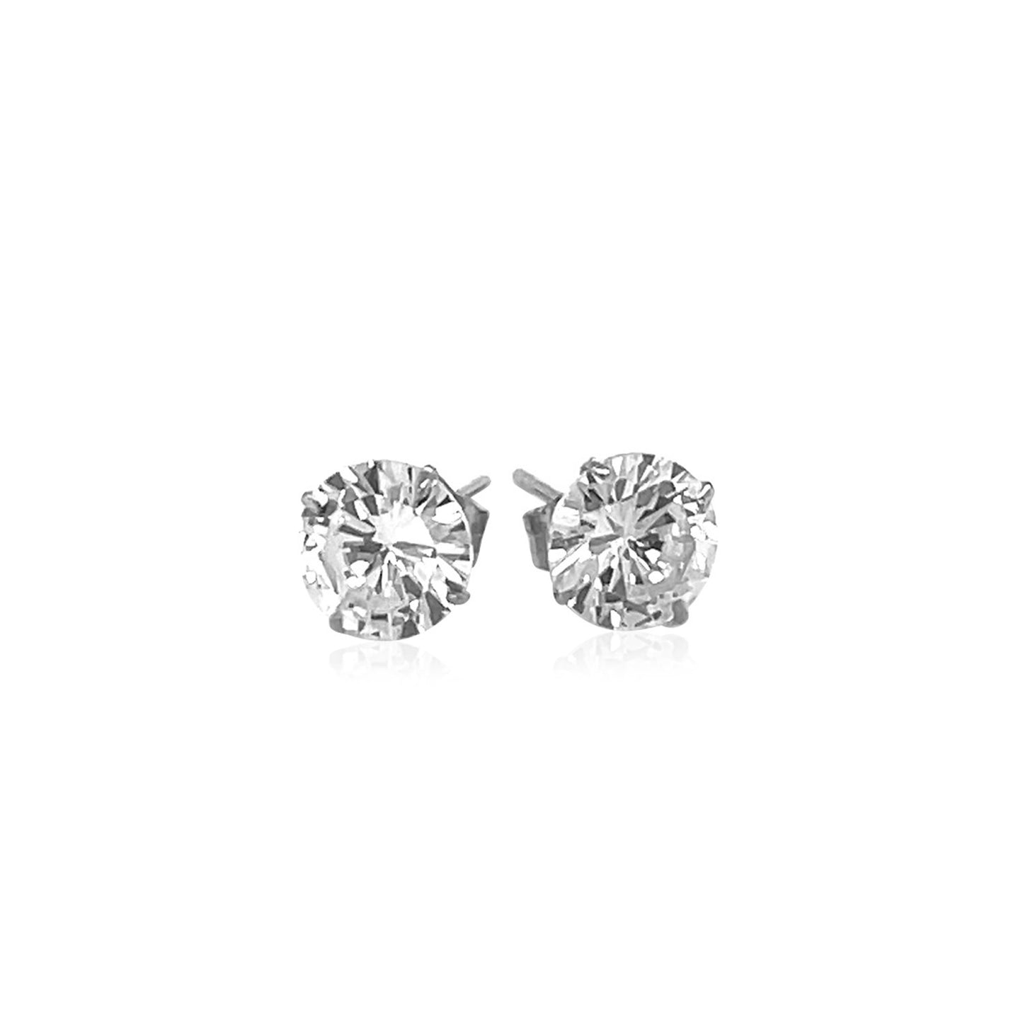 14k White Gold Stud Earrings with White Hue Faceted Cubic Zirconia(6mm) 