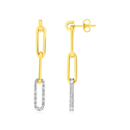 14k Yellow Gold Paperclip Chain Dangle Earrings with Diamonds 