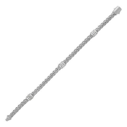 Polished Woven Rope Bracelet with Diamond Accents in 14k White Gold 