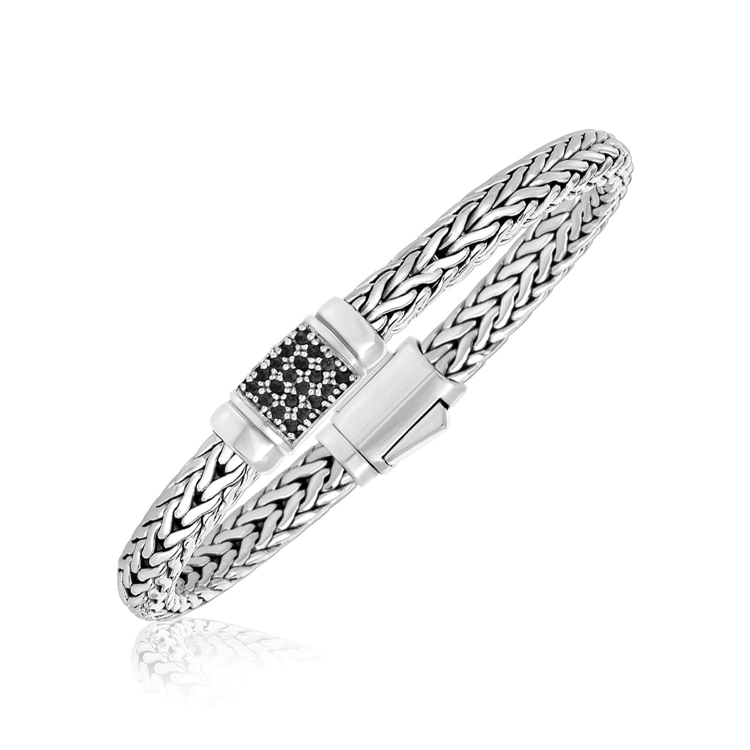 Sterling Silver Weave Style Bracelet with Black Sapphire Accents (7.10 mm) 