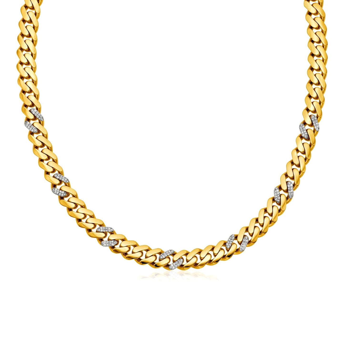 14k Yellow Gold 18 inch Polished Curb Chain Necklace with Diamonds 