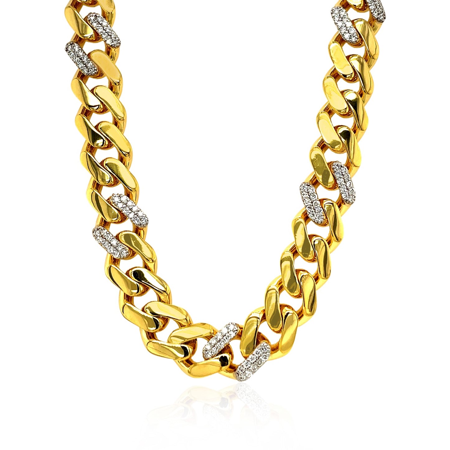 14k Yellow Gold 18 inch Polished Curb Chain Necklace with Diamonds 