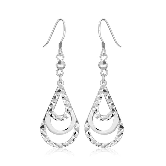 Sterling Silver Textured Graduated Open Teardrop Dangling Style Earrings 