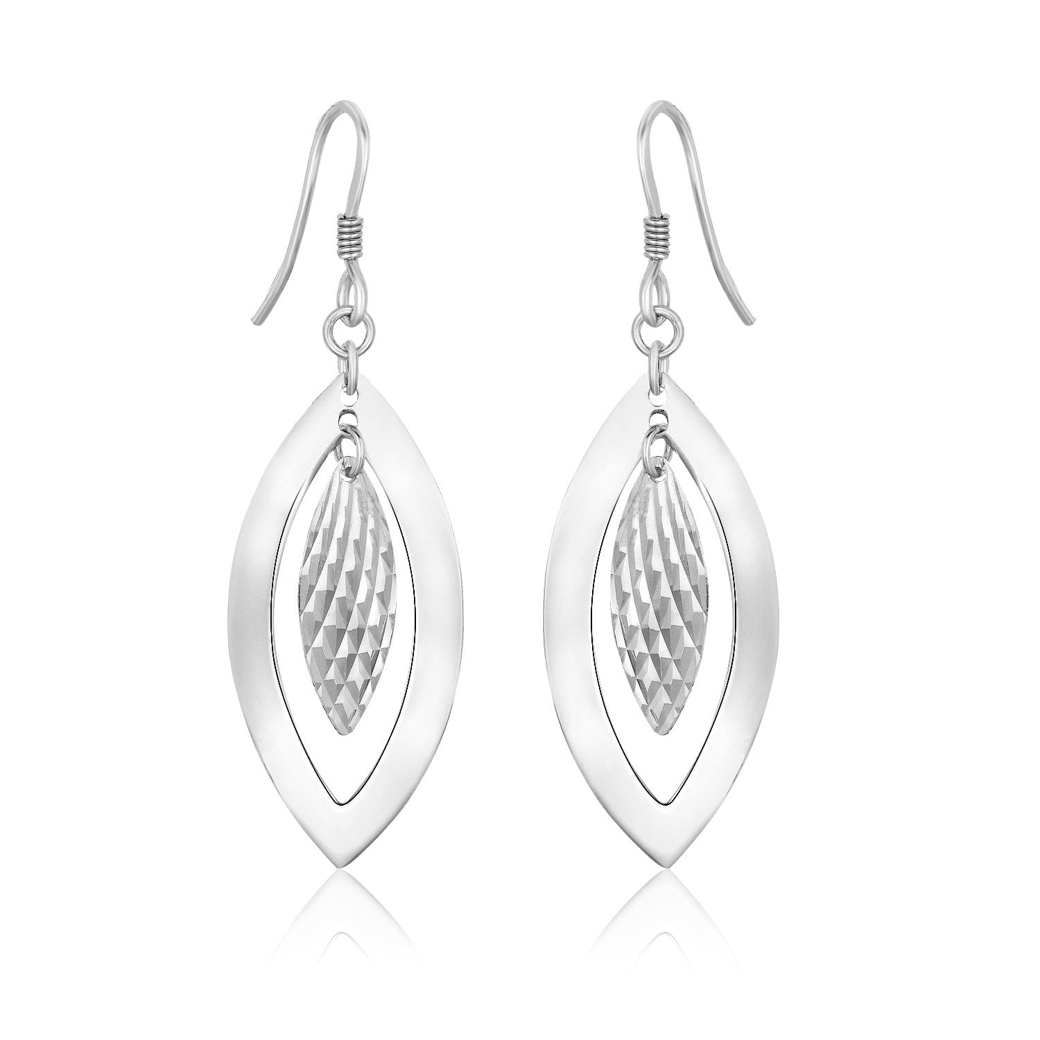 Sterling Silver Dangling Earrings with Dual Open and Textured Marquis Shapes 