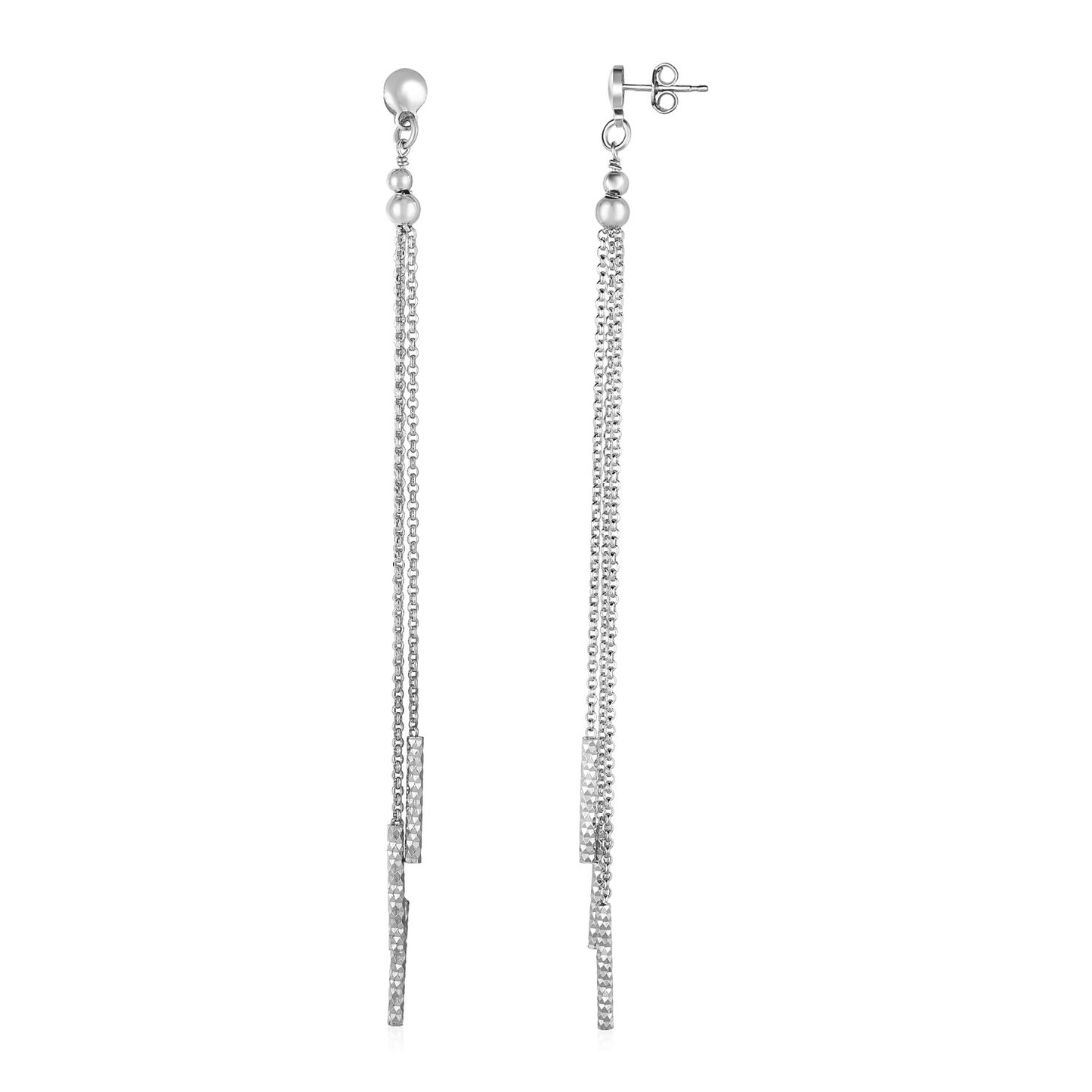 Long Chain Tassel and Textured Bar Drop Earrings in Sterling Silver 