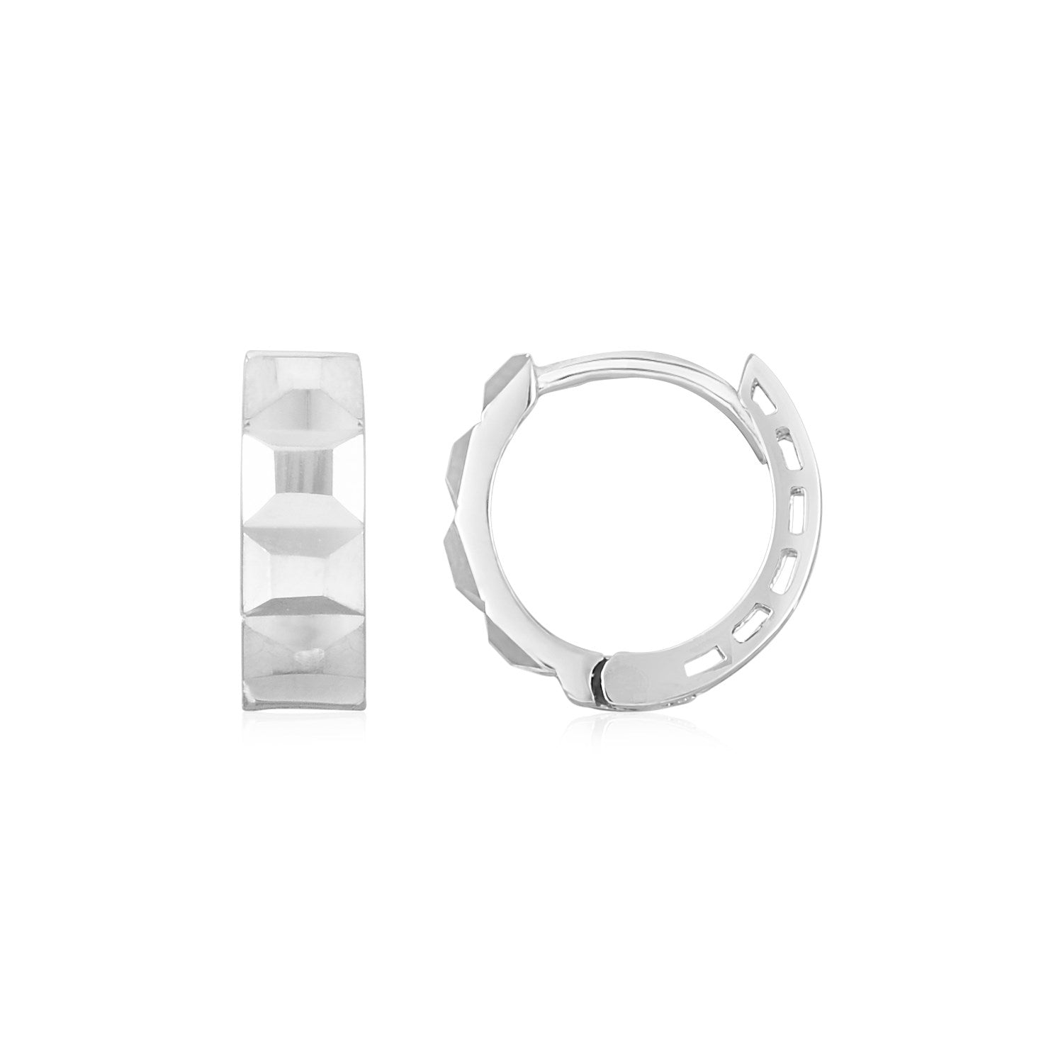 14K White Gold Square Motif Faceted Huggie Earrings 