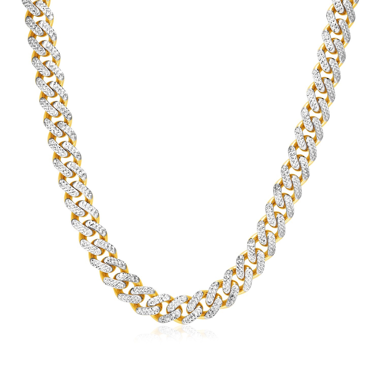 14k Two Tone Gold Miami Cuban Chain Necklace with White Pave 