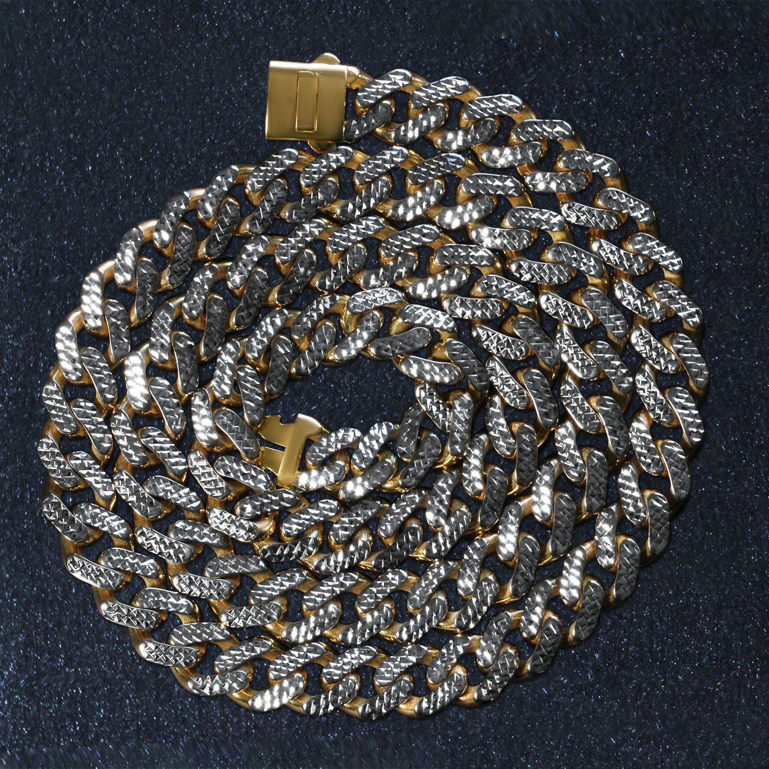 14k Two Tone Gold Miami Cuban Chain Necklace with White Pave 