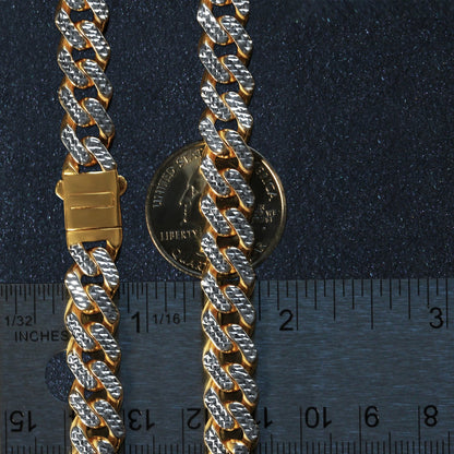 14k Two Tone Gold Miami Cuban Chain Necklace with White Pave 