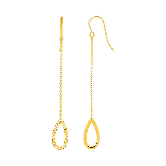 Textured Pear Shaped Long Drop Earrings in 14k Yellow Gold 