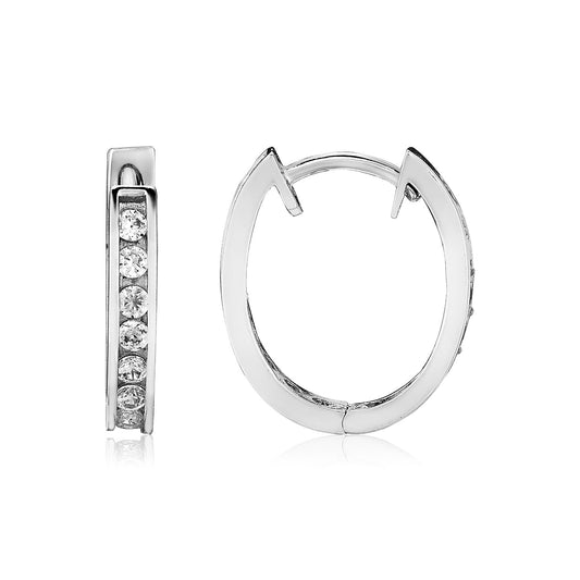 Sterling Silver Oval Hoop Earrings with Cubic Zirconias(3x15mm) 