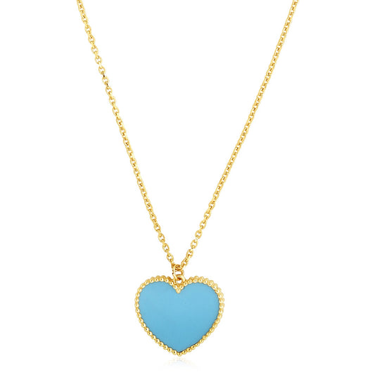 14k Yellow Gold High Polish Heart Turquoise Paste Necklace 