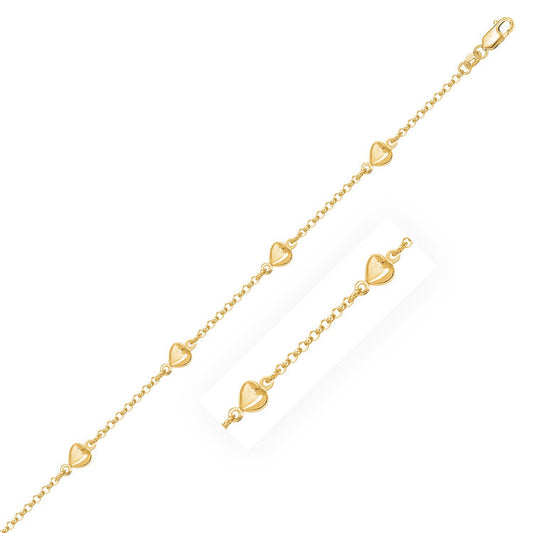 14k Yellow Gold Rolo Chain Bracelet with Puffed Heart Stations (3.30 mm) 