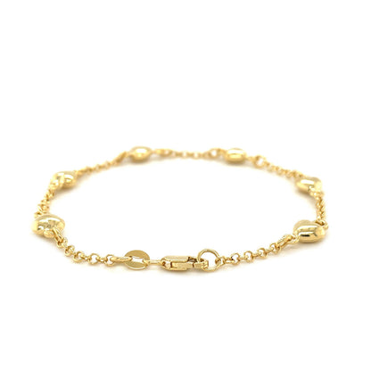 14k Yellow Gold Rolo Chain Bracelet with Puffed Heart Stations (3.30 mm) 