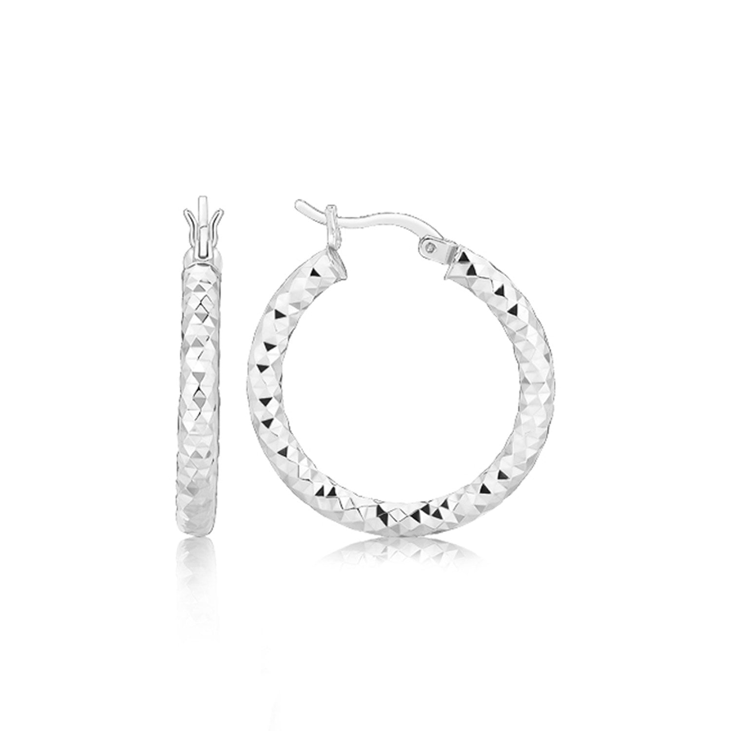 Sterling Silver Faceted Style Hoop Earrings with Rhodium Finishing(3x20mm) 