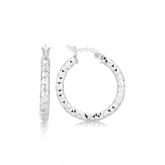 Sterling Silver Faceted Style Hoop Earrings with Rhodium Finishing(3x20mm) 