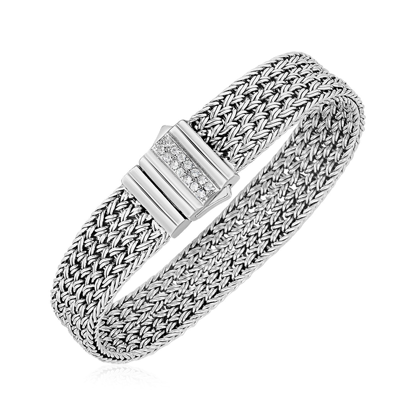 Woven Rope Bracelet with White Sapphire Accented Clasp in Sterling Silver 