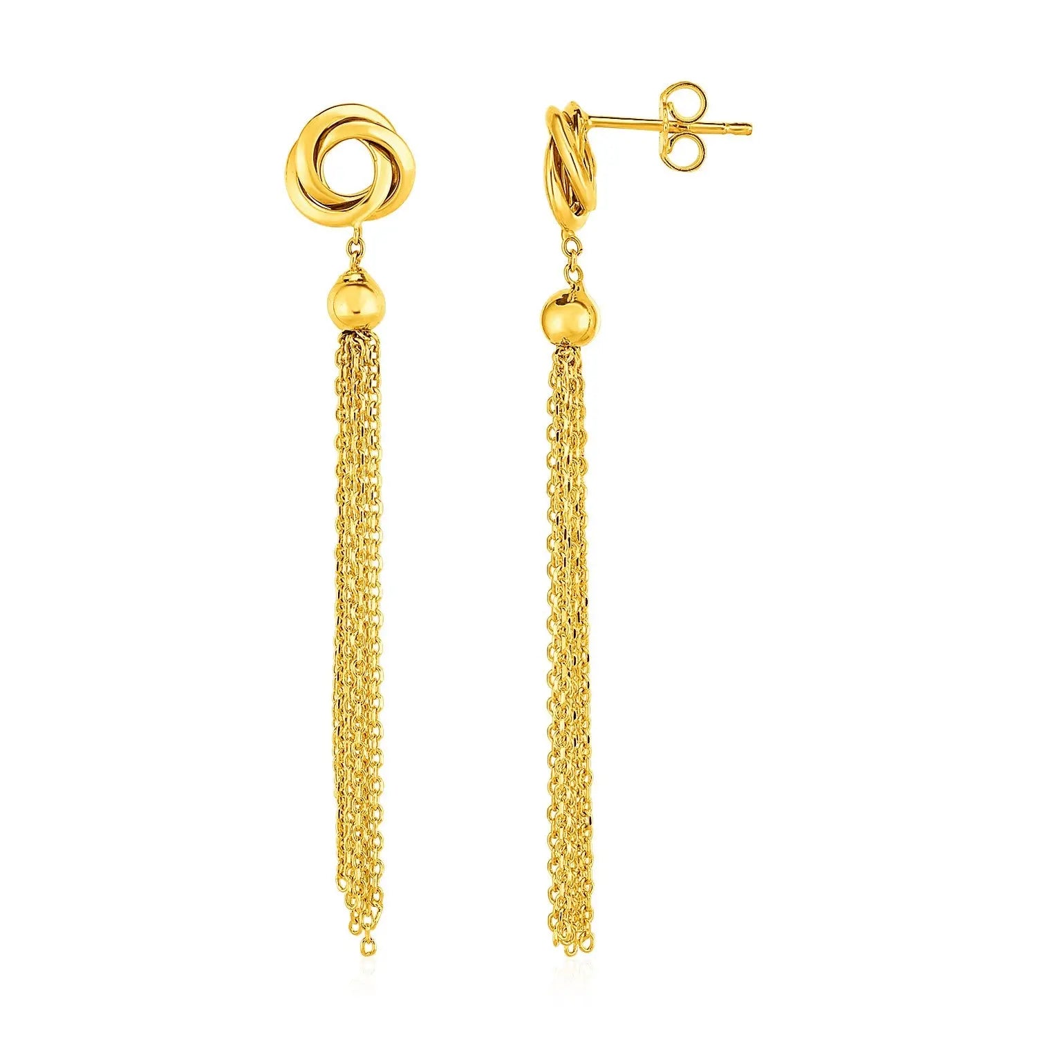 Earrings with Love Knots and Tassels in 14k Yellow Gold 