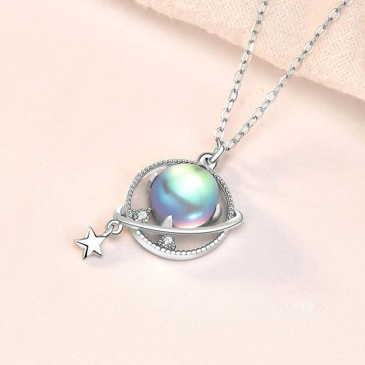 Gift Natural Moonstone Dream Planet Stars 925 Sterling Silver Necklace 