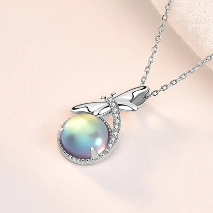 Lady Natural Moonstone Dragonfly 925 Sterling Silver Necklace 