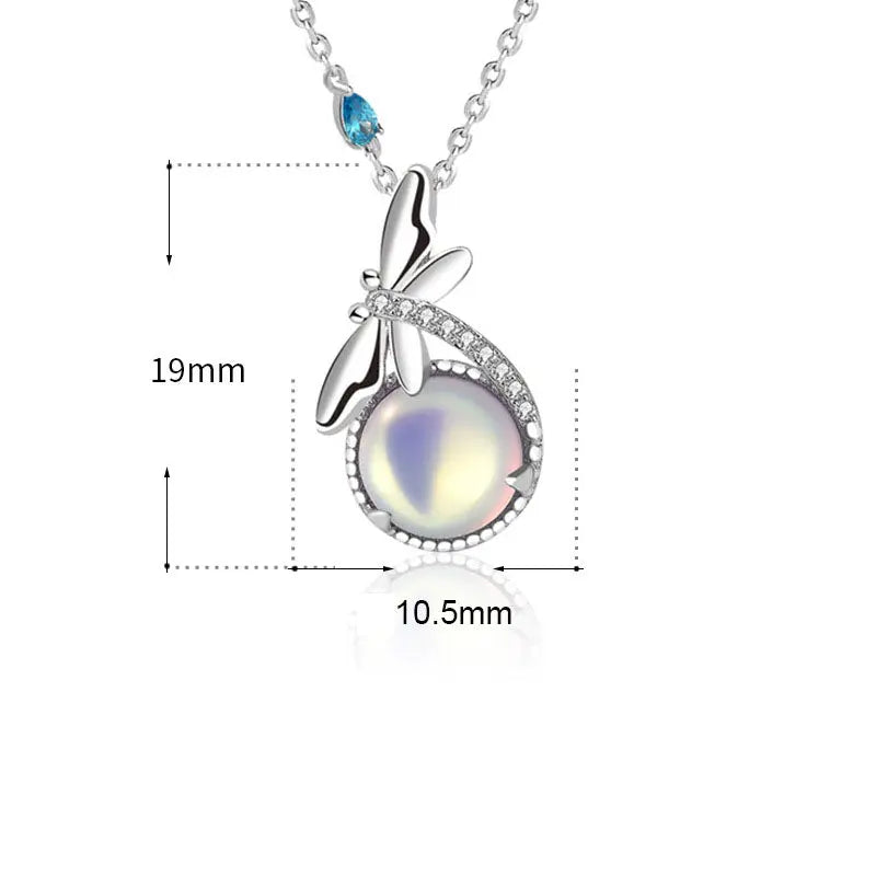 Lady Natural Moonstone Dragonfly 925 Sterling Silver Necklace 