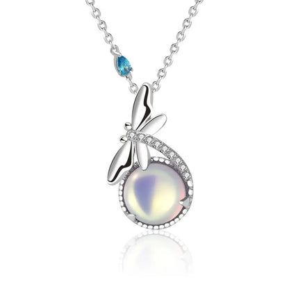 Lady Natural Moonstone Dragonfly 925 Sterling Silver Necklace 